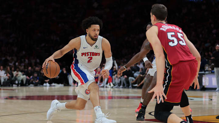 Mar 19, 2025; Miami, Florida, USA; Detroit Pistons guard Cade Cunningham (2) drives to the basket against the Miami Heat during the fourth quarter at Kaseya Center. Mandatory Credit: Sam Navarro-Imagn Images