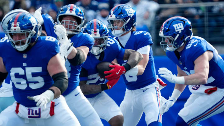 Quarterback Jaxson Dart (6) and the New York Giants are shown against the Dallas Cowboys, during the first quarter, Sunday, January 4, 2026, in East Rutherford. Quarterback Jaxson Dart (6) and the New York Giants are shown against the Dallas Cowboys, during the first quarter, Sunday, January 4, 2026, in East Rutherford.