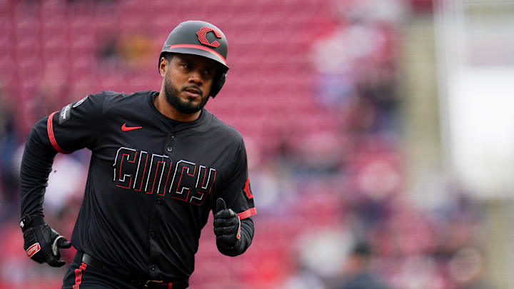 Cincinnati Reds third base Jeimer Candelario (3) runs the bases after hitting a homer in the first inning of a MLB game between the Cincinnati Reds and Pittsburgh Pirates, Friday, April 11, 2025, at Great American Ball Park in Downtown Cincinnati.