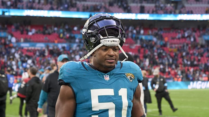 Oct 20, 2024; London, United Kingdom; Jacksonville Jaguars linebacker Ventrell Miller (51) leaves the field after an NFL International Series game at Wembley Stadium. Mandatory Credit: Peter van den Berg-Imagn Images