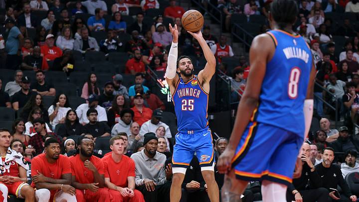 Oct 15, 2026; Houston, Texas, USA; Oklahoma City Thunder guard Ajay Mitchell (25) shoots the ball during the third quarter against the Houston Rockets at Toyota Center. Mandatory Credit: Troy Taormina-Imagn Images Oct 15, 2026; Houston, Texas, USA; Oklahoma City Thunder guard Ajay Mitchell (25) shoots the ball during the third quarter against the Houston Rockets at Toyota Center. Mandatory Credit: Troy Taormina-Imagn Images