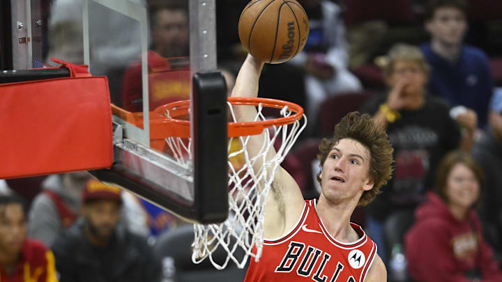 Oct 8, 2024; Cleveland, Ohio, USA; Chicago Bulls forward Matas Buzelis (14) drives to the basket in the fourth quarter against the Cleveland Cavaliers at Rocket Mortgage FieldHouse. Mandatory Credit: David Richard-Imagn Images