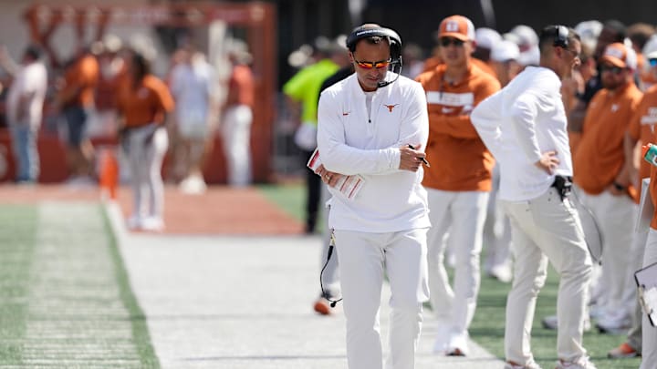 Sep 13, 2025; Austin, Texas, USA; Texas Longhorns head coach Steve Sarkisian during the first half against the Texas El Paso Miners at Darrell K Royal-Texas Memorial Stadium. Mandatory Credit: Scott Wachter-Imagn Images