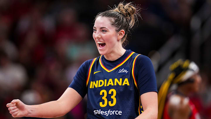 Indiana Fever forward Katie Lou Samuelson (33) cheers Wednesday, July 10, 2024, during the game at Gainbridge Fieldhouse in Indianapolis.