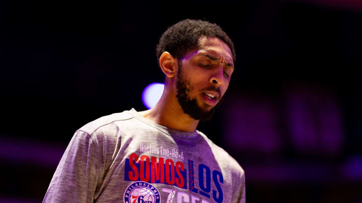 Mar 6, 2024; Philadelphia, Pennsylvania, USA; Philadelphia 76ers guard Cameron Payne (22) stands for the anthem before action against the Memphis Grizzlies at Wells Fargo Center. Mandatory Credit: Bill Streicher-USA TODAY Sports