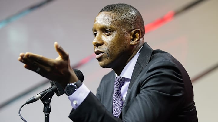 Sep 30, 2024; Toronto, Ontario, Canada; Toronto Raptors vice chairman and team president Masai Ujiri  talks to the media during media day at Scotiabank Area. Mandatory Credit: John E. Sokolowski-Imagn Images