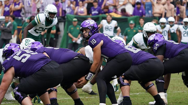 Oct 18, 2025; Fort Worth, Texas, USA; TCU Horned Frogs quarterback Josh Hoover (10) under center against the Baylor Bears during the second half of a game at Amon G. Carter Stadium. Mandatory Credit: Raymond Carlin III-Imagn Images