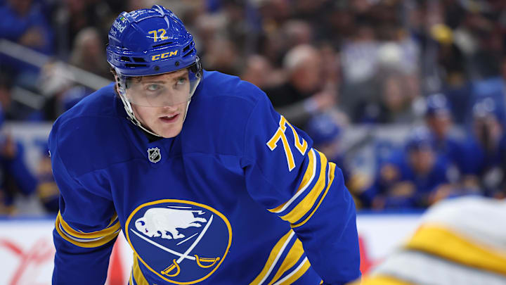 Mar 25, 2026; Buffalo, New York, USA; Buffalo Sabres center Tage Thompson (72) waits for the face-off during the second period against the Boston Bruins at KeyBank Center. Mandatory Credit: Timothy T. Ludwig-Imagn Images Mar 25, 2026; Buffalo, New York, USA; Buffalo Sabres center Tage Thompson (72) waits for the face-off during the second period against the Boston Bruins at KeyBank Center. Mandatory Credit: Timothy T. Ludwig-Imagn Images