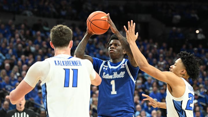 Feb 28, 2024; Omaha, Nebraska, USA; Seton Hall Pirates guard Kadary Richmond (1) shoots over