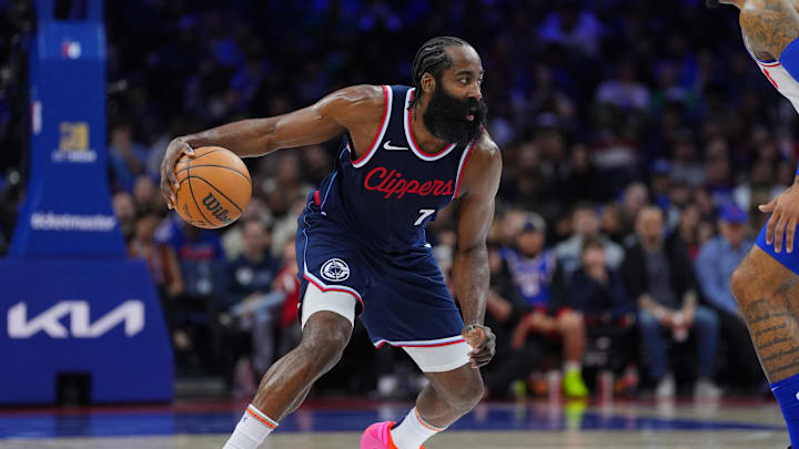 Nov 24, 2024; Philadelphia, Pennsylvania, USA; Los Angeles Clippers guard James Harden (1) controls the ball against the Philadelphia 76ers in the third quarter at Wells Fargo Center. Mandatory Credit: Kyle Ross-Imagn Images