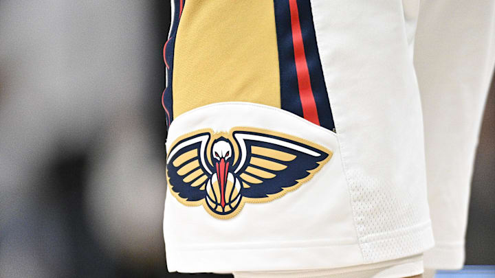 Jan 15, 2024; Dallas, Texas, USA; A view of a New Orleans Pelicans logo during the game between the Dallas Mavericks and the New Orleans Pelicans at the American Airlines Center. Mandatory Credit: Jerome Miron-Imagn Images