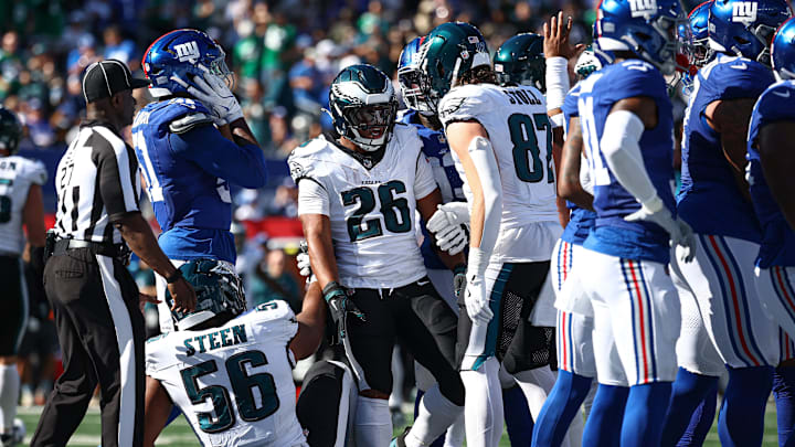 Oct 20, 2024; East Rutherford, New Jersey, USA; Philadelphia Eagles running back Saquon Barkley (26) celebrates after his rushing touchdown during the first half against the New York Giants at MetLife Stadium.  