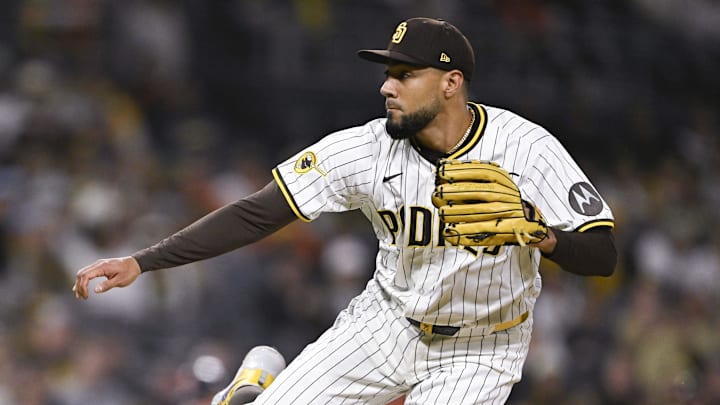 Apr 29, 2025; San Diego, California, USA; San Diego Padres pitcher Robert Suarez (75) delivers during the ninth inning against the San Francisco Giants at Petco Park. Mandatory Credit: Denis Poroy-Imagn Images