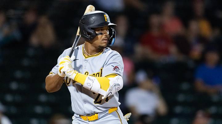 Nov 9, 2025; Mesa, AZ, USA; Pittsburgh Pirates outfielder Esmerlyn Valdez during the Arizona Fall League Fall Stars Game at Sloan Park. Mandatory Credit: Mark J. Rebilas-Imagn Images