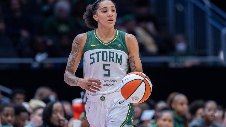 Aug 30, 2025; Seattle, Washington, USA; Seattle Storm forward Gabby Williams (5) dribbles the ball against the Chicago Sky at Climate Pledge Arena. Mandatory Credit: Stephen Brashear-Imagn Images
