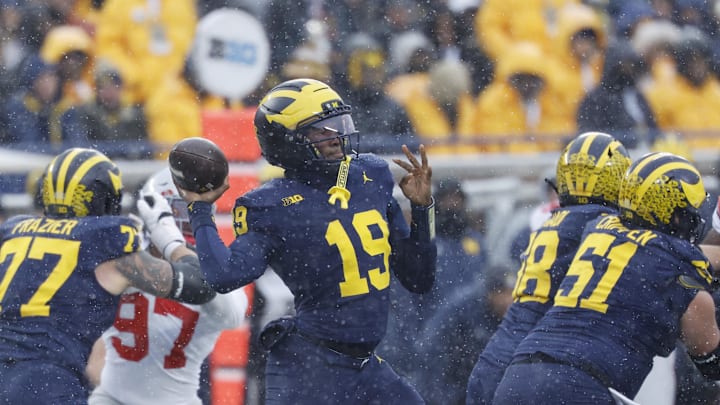 Nov 29, 2025; Ann Arbor, Michigan, USA; Michigan Wolverines quarterback Bryce Underwood (19) throws the ball in the second half against the Ohio State Buckeyes at Michigan Stadium. Mandatory Credit: Rick Osentoski-Imagn Images