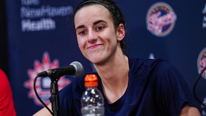 May 14, 2024; Uncasville, Connecticut, USA; Indiana Fever guard Caitlin Clark (22) talks to the media before the start of the game against the Connecticut Sun at Mohegan Sun Arena. Mandatory Credit: David Butler II-Imagn Images