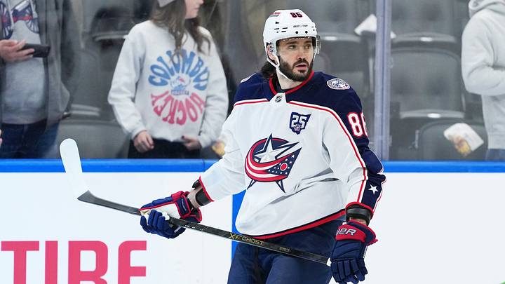 Nov 20, 2025; Toronto, Ontario, CAN;  Columbus Blue Jackets right wing Kirill Marchenko (86) skates during the warmup before a game against the Toronto Maple Leafs at Scotiabank Arena. Mandatory Credit: Nick Turchiaro-Imagn Images