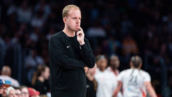 Sep 20, 2026; Los Angeles, California, USA; Portland Fire head coach Alex Sarama reacts in the fourth quarter during a game against the Los Angeles Sparks at Crypto.com Arena. Mandatory Credit: Jon Endow-Imagn Images