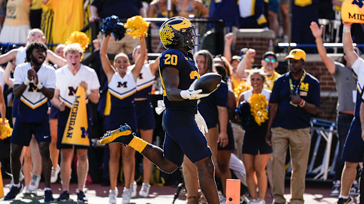 Michigan running back Kalel Mullings (20) runs for a touchdown against USC during the first half at Michigan Stadium in Ann Arbor on Saturday, Sept. 21, 2024.