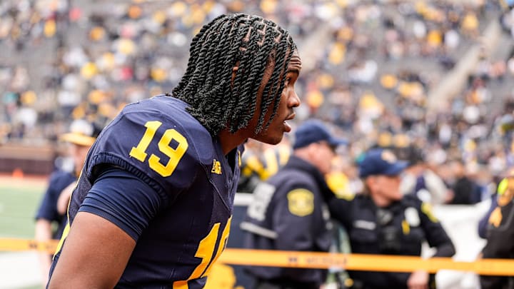 Michigan quarterback Bryce Underwood (19) walks up the tunnel after the first half of the spring game at Michigan Stadium in Ann Arbor on Saturday, April 19, 2025.