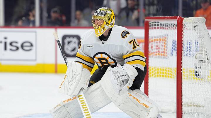Apr 5, 2026; Philadelphia, Pennsylvania, USA; Boston Bruins goalie Joonas Korpisalo (70) in action against the Philadelphia Flyers in the third period at Xfinity Mobile Arena. Mandatory Credit: Kyle Ross-Imagn Images