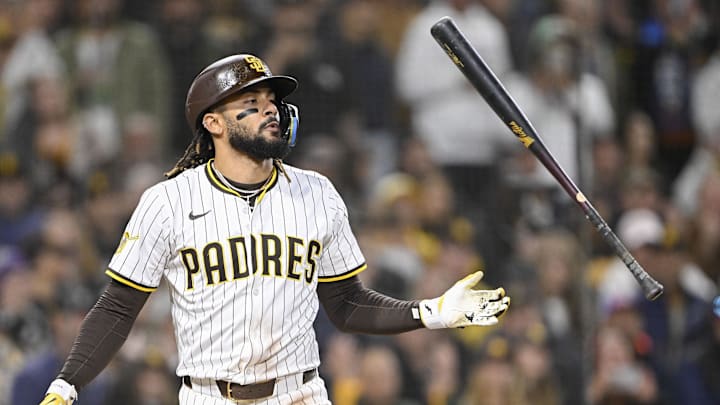 Apr 26, 2025; San Diego, California, USA; San Diego Padres right fielder Fernando Tatis Jr. (23) flips his bat after striking out during the eighth inning against the Tampa Bay Rays at Petco Park. Mandatory Credit: Denis Poroy-Imagn Images