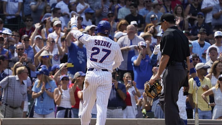 Aug 6, 2025; Chicago, Illinois, USA; Chicago Cubs designated hitter Seiya Suzuki (27) gestures after hitting a home run against the Cincinnati Reds during the sixth inning at Wrigley Field. Mandatory Credit: David Banks-Imagn Images Aug 6, 2025; Chicago, Illinois, USA; Chicago Cubs designated hitter Seiya Suzuki (27) gestures after hitting a home run against the Cincinnati Reds during the sixth inning at Wrigley Field. Mandatory Credit: David Banks-Imagn Images