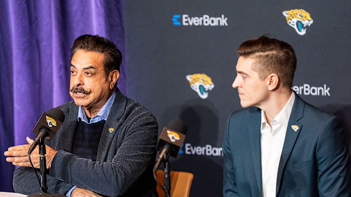 Jacksonville Jaguars Owner Shad Khan, left, introduced General Manager James Gladstone, right, during a press conference Monday morning February 24, 2025 at the Miller Electric Center in Jacksonville, Fla. [Doug Engle/Florida Times-Union]2025