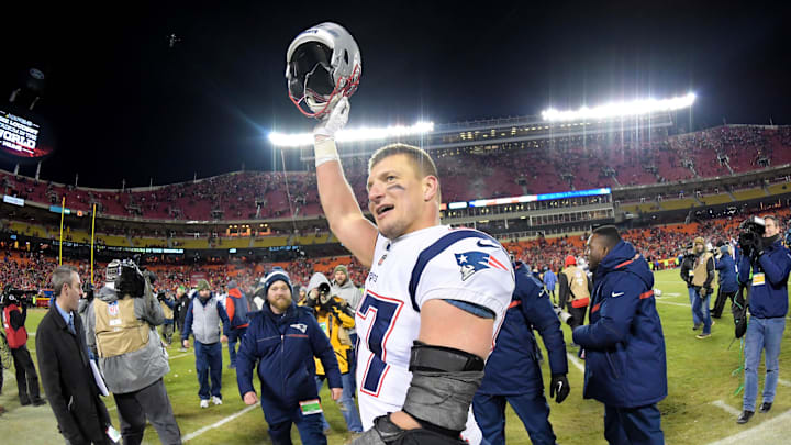 Jan 20, 2019; Kansas City, MO, USA; New England Patriots tight end Rob Gronkowski (87) celebrates the win over the Kansas City Chiefs during overtime in the AFC Championship game at Arrowhead Stadium. Mandatory Credit: Kirby Lee-Imagn Images