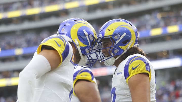 Dec 3, 2023; Inglewood, California, USA; Los Angeles Rams quarterback Mathew Stafford (9) celebrates with Los Angeles Rams wide receiver Puka Nacua (17) after scoring a touchdown in the first half in a game against the Cleveland Browns at SoFi Stadium. Mandatory Credit: Yannick Peterhans-Imagn Images Dec 3, 2023; Inglewood, California, USA; Los Angeles Rams quarterback Mathew Stafford (9) celebrates with Los Angeles Rams wide receiver Puka Nacua (17) after scoring a touchdown in the first half in a game against the Cleveland Browns at SoFi Stadium. Mandatory Credit: Yannick Peterhans-Imagn Images