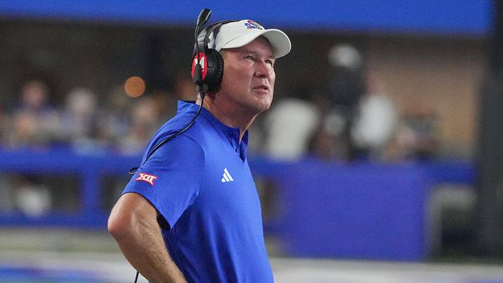 Sep 4, 2026; Lawrence, Kansas, USA; Kansas Jayhawks head coach Lance Leipold watches a replay against the LIU Sharks during the first half at David Booth Kansas Memorial Stadium. Mandatory Credit: Denny Medley-Imagn Images Sep 4, 2026; Lawrence, Kansas, USA; Kansas Jayhawks head coach Lance Leipold watches a replay against the LIU Sharks during the first half at David Booth Kansas Memorial Stadium. Mandatory Credit: Denny Medley-Imagn Images