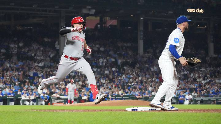 Aug 30, 2026; Chicago, Illinois, USA; Cincinnati Reds first baseman Sal Stewart (27) beats out a infield single against the Chicago Cubs during the ninth inning at Wrigley Field. Mandatory Credit: David Banks-Imagn Images Aug 30, 2026; Chicago, Illinois, USA; Cincinnati Reds first baseman Sal Stewart (27) beats out a infield single against the Chicago Cubs during the ninth inning at Wrigley Field. Mandatory Credit: David Banks-Imagn Images