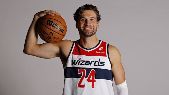 Sep 29, 2025; Washington, DC, USA; Washington Wizards forward Corey Kispert (24) poses for a portrait during Wizards Media Day at CareFirst Arena.  Mandatory Credit: Geoff Burke-Imagn Images
