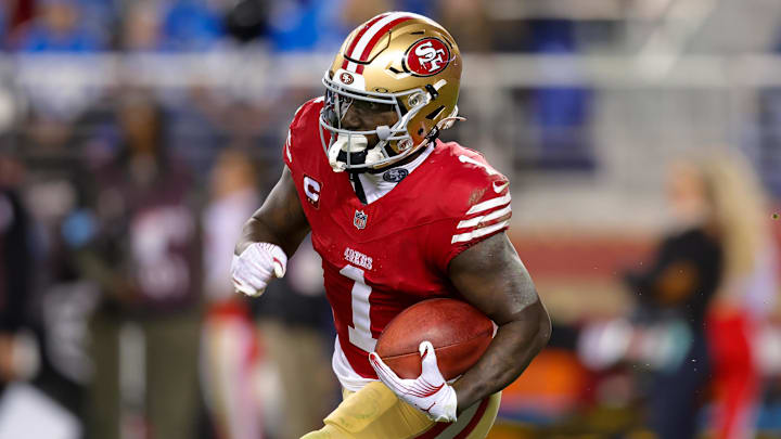 Dec 30, 2024; Santa Clara, California, USA; San Francisco 49ers wide receiver Deebo Samuel Sr. (1) during the game against the Detroit Lions at Levi's Stadium. Mandatory Credit: Sergio Estrada-Imagn Images