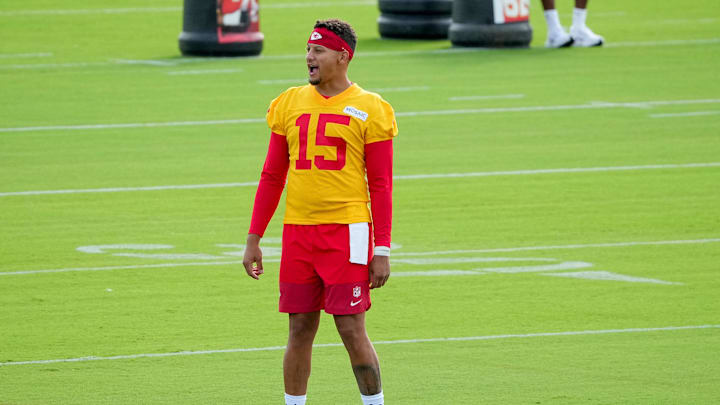 Jul 22, 2025; St. Joseph, MO, USA; Kansas City Chiefs quarterback Patrick Mahomes (15) on field during training camp at Missouri Western State University. Mandatory Credit: Denny Medley-Imagn Images