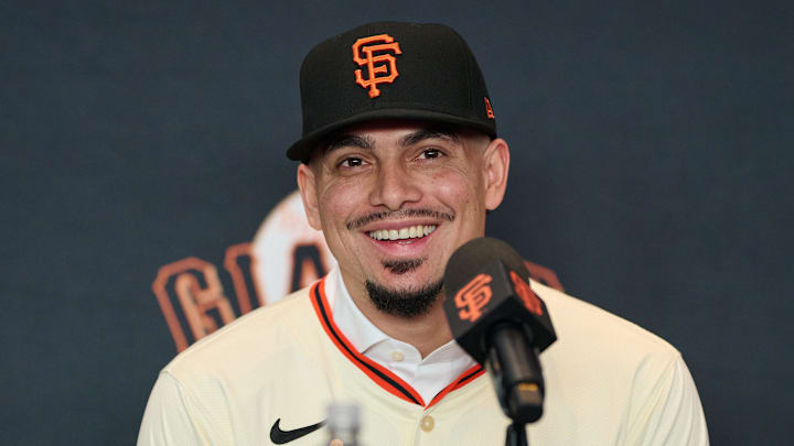 Dec 12, 2024; San Francisco, CA, USA; San Francisco Giants shortstop Willy Adames reacts during his introductory press conference at Oracle Park. 