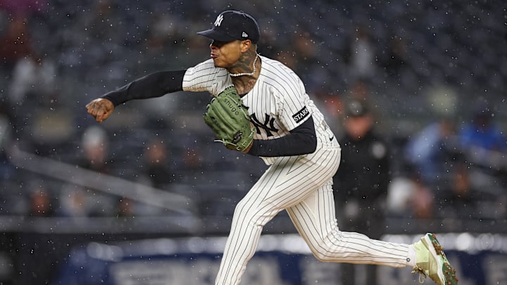 Apr 11, 2025; Bronx, New York, USA; New York Yankees starting pitcher Marcus Stroman (0) delivers a pitch during the first inning against the San Francisco Giants at Yankee Stadium. Mandatory Credit: Vincent Carchietta-Imagn Images