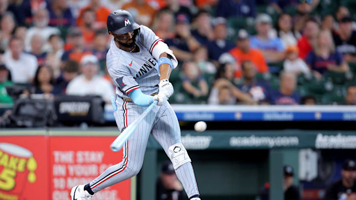 Jun 15, 2025; Houston, Texas, USA; Minnesota Twins left fielder Willi Castro (50) hits a single against the Houston Astros during the first inning at Daikin Park. Mandatory Credit: Erik Williams-Imagn Images Jun 15, 2025; Houston, Texas, USA; Minnesota Twins left fielder Willi Castro (50) hits a single against the Houston Astros during the first inning at Daikin Park. Mandatory Credit: Erik Williams-Imagn Images