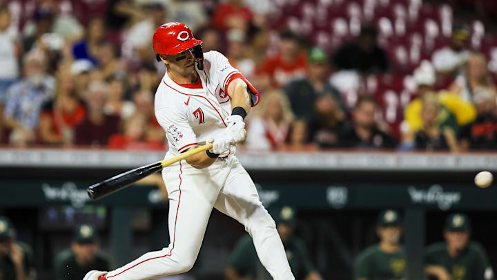 Aug 28, 2024; Cincinnati, Ohio, USA; Cincinnati Reds outfielder Spencer Steer (7) bats against the Oakland Athletics in the ninth inning at Great American Ball Park. Mandatory Credit: Katie Stratman-Imagn Images Aug 28, 2024; Cincinnati, Ohio, USA; Cincinnati Reds outfielder Spencer Steer (7) bats against the Oakland Athletics in the ninth inning at Great American Ball Park. Mandatory Credit: Katie Stratman-Imagn Images