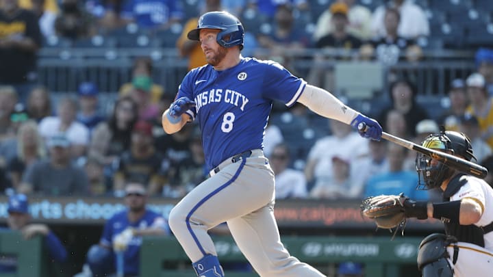 Sep 15, 2024; Pittsburgh, Pennsylvania, USA; Kansas City Royals outfielder Robbie Grossman (8) at bat against the Pittsburgh Pirates during the ninth inning at PNC Park. Mandatory Credit: Charles LeClaire-Imagn Images Sep 15, 2024; Pittsburgh, Pennsylvania, USA; Kansas City Royals outfielder Robbie Grossman (8) at bat against the Pittsburgh Pirates during the ninth inning at PNC Park. Mandatory Credit: Charles LeClaire-Imagn Images