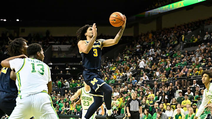 Jan 17, 2026; Eugene, Oregon, USA; Michigan Wolverines guard Elliot Cadeau (3) drives to the basket against the Oregon Ducks during the second half at Matthew Knight Arena. Mandatory Credit: Craig Strobeck-Imagn Images