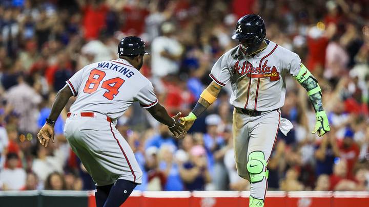 May 30, 2026; Cincinnati, Ohio, USA; Atlanta Braves outfielder Ronald Acuna Jr. (13) high fives third base coach Tommy Watkins (84) after hitting a solo home run in the ninth inning against the Cincinnati Reds at Great American Ball Park. Mandatory Credit: Katie Stratman-Imagn Images May 30, 2026; Cincinnati, Ohio, USA; Atlanta Braves outfielder Ronald Acuna Jr. (13) high fives third base coach Tommy Watkins (84) after hitting a solo home run in the ninth inning against the Cincinnati Reds at Great American Ball Park. Mandatory Credit: Katie Stratman-Imagn Images