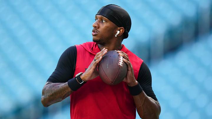 Aug 28, 2026; Miami Gardens, Florida, USA;  Atlanta Falcons quarterback Michael Penix Jr. (9) warms up prior to a pre season game against the Miami Dolphins at Hard Rock Stadium.  Mandatory Credit: Rich Storry-Imagn Images