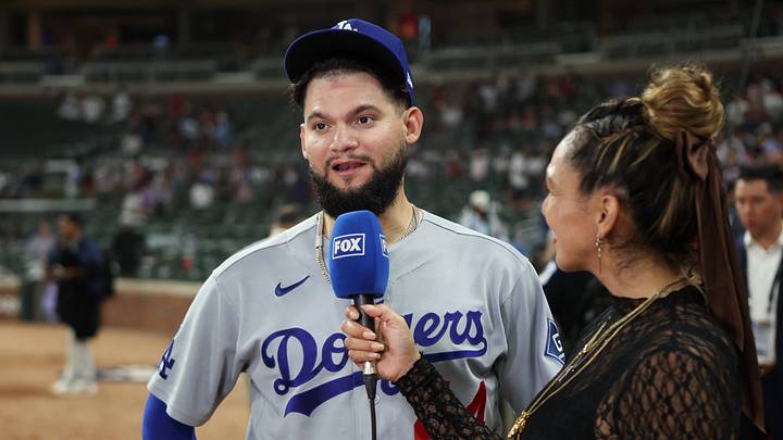 Los Angeles Dodgers outfielder Andy Pages (44) is interviewed after defeating the Atlanta Braves in game four of the NLDS for the 2026 MLB Playoffs at Truist Park in Cumberland, Georgia on Oct. 7, 2026. Los Angeles Dodgers outfielder Andy Pages (44) is interviewed after defeating the Atlanta Braves in game four of the NLDS for the 2026 MLB Playoffs at Truist Park in Cumberland, Georgia on Oct. 7, 2026.