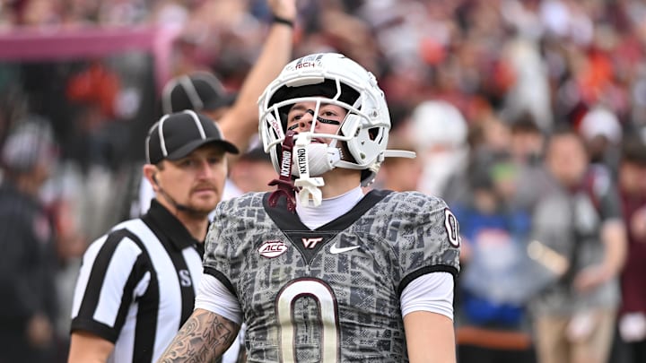 Nov 22, 2025; Blacksburg, Virginia, USAc  Virginia Tech Hokies wide receiver Ayden Greene (0) celebrates after making a catch during the fourth quarter against the Miami (FL) Hurricanes at Lane Stadium. Mandatory Credit: Brian Bishop-Imagn Images