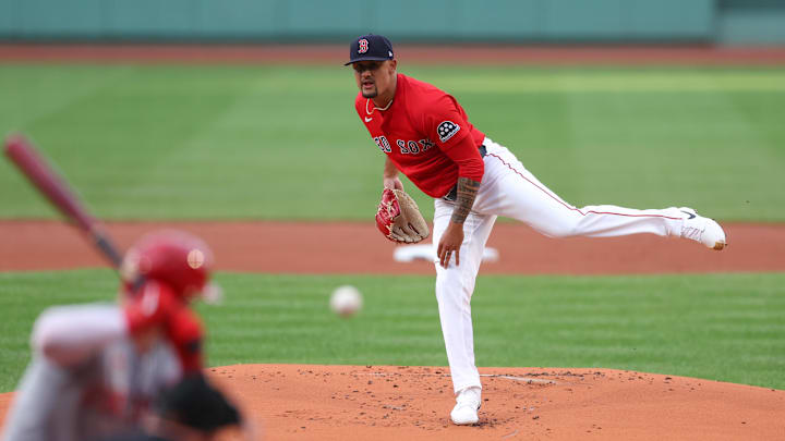 Jul 2, 2025; Boston, Massachusetts, USA; Boston Red Sox starting pitcher Brennan Bernardino (83) delivers a pitch during the first inning against the Cincinnati Reds at Fenway Park. Mandatory Credit: Paul Rutherford-Imagn Images