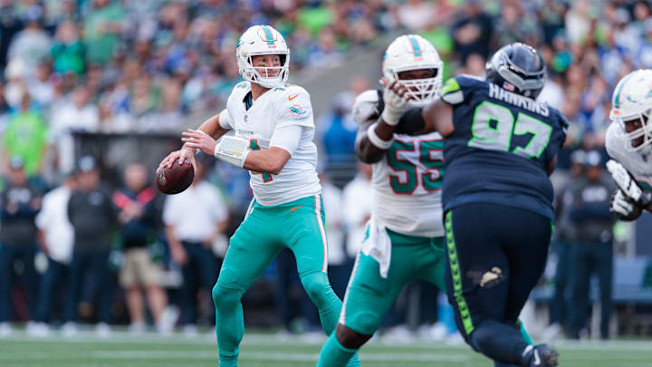 Miami Dolphins quarterback Tim Boyle (14) prepares to throw the ball during the third quarter against the Seattle Seahawks at Lumen Field.