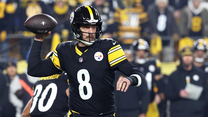 Jan 12, 2026; Pittsburgh, PA, USA; Pittsburgh Steelers quarterback Aaron Rodgers (8) throws during the first half of an AFC Wild Card Round game against the Houston Texans at Acrisure Stadium. Mandatory Credit: Charles LeClaire-Imagn Images