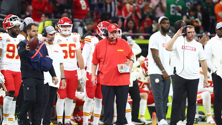 Feb 9, 2025; New Orleans, LA, USA; Kansas City Chiefs head coach Andy Reid on the sideline against the Philadelphia Eagles in the first quarter in Super Bowl LIX at Ceasars Superdome. Mandatory Credit: Mark J. Rebilas-Imagn Images